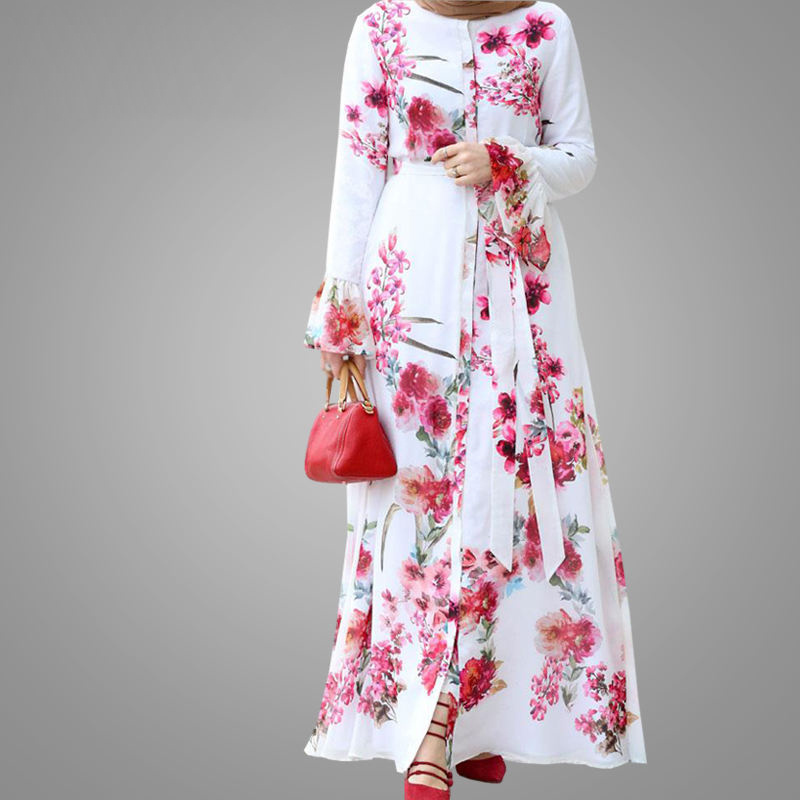 clothing manufacturer OEM Elegant Women Floral Long Dress 100%polyester Flare Sleeve Muslim Dress Pink Casual Islamic Clothing