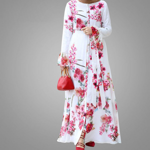 clothing manufacturer OEM Elegant Women Floral Long Dress 100%polyester Flare Sleeve Muslim Dress Pink Casual Islamic Clothing