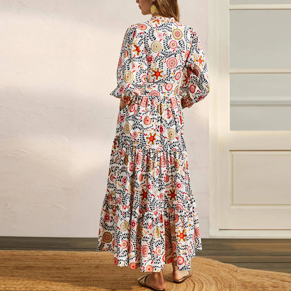 2022 Summer Wholesale Maxi Dress for Women Puff Sleeve Long Cotton Fabric Simple Style Printed Beach Elegant Boho Casual Dress