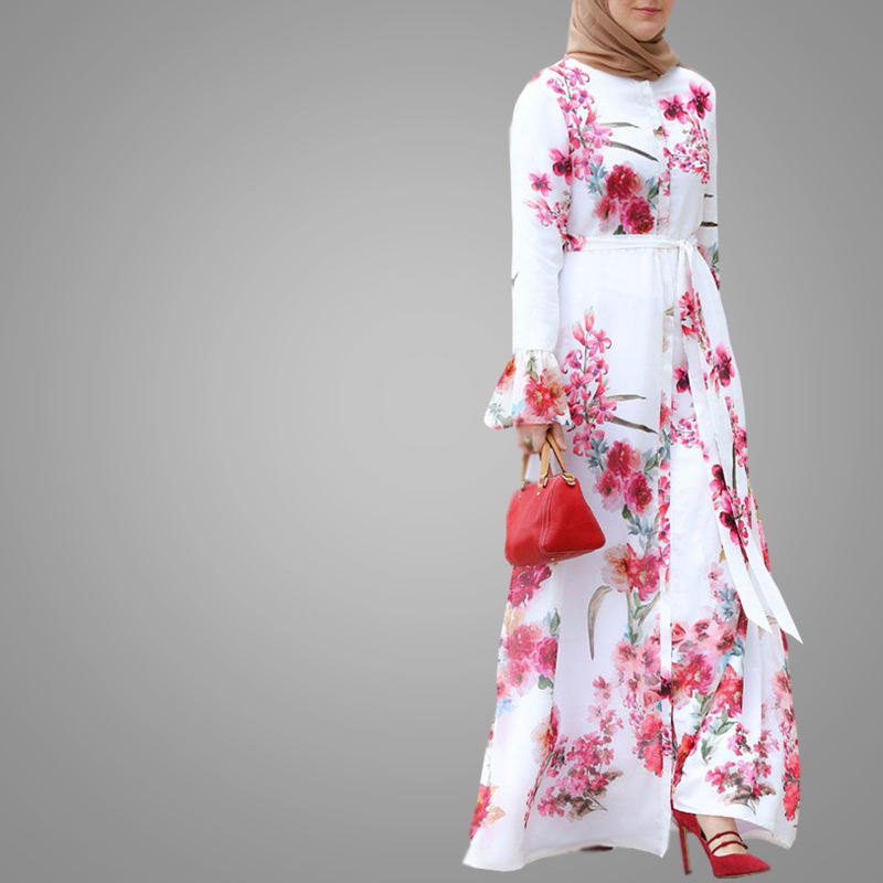 clothing manufacturer OEM Elegant Women Floral Long Dress 100%polyester Flare Sleeve Muslim Dress Pink Casual Islamic Clothing