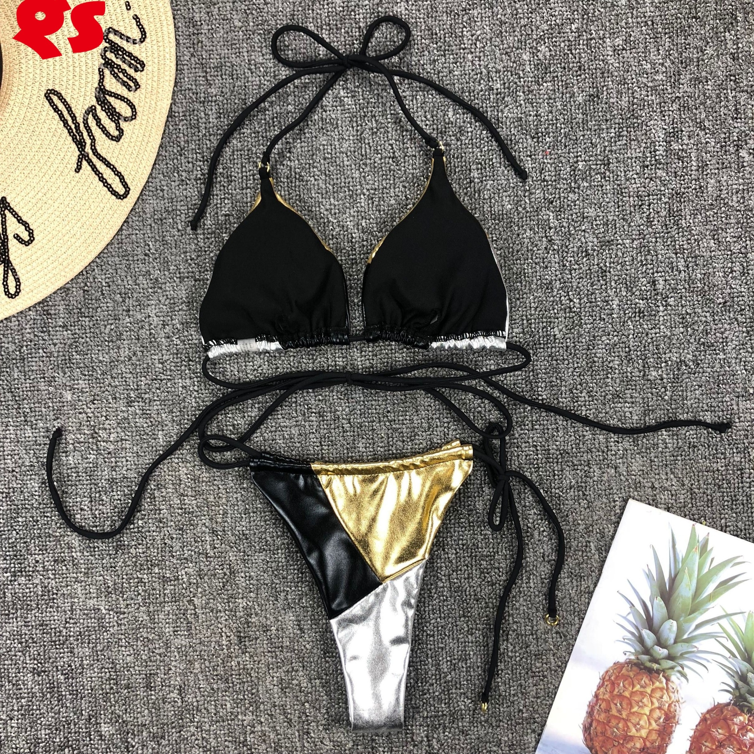 Extreme Micro String High Quality Sexy Beach Halter Golden Silver Foil Bikini