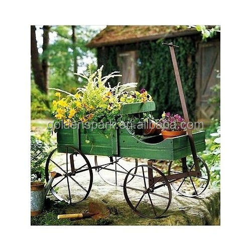 Wood Wagon Wheel Decorative Planter Bed Garden Flower Pot Cart Rustic Outdoor