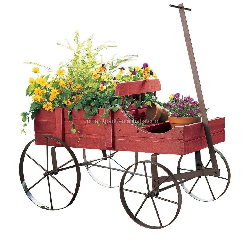 Wood Wagon Wheel Decorative Planter Bed Garden Flower Pot Cart Rustic Outdoor