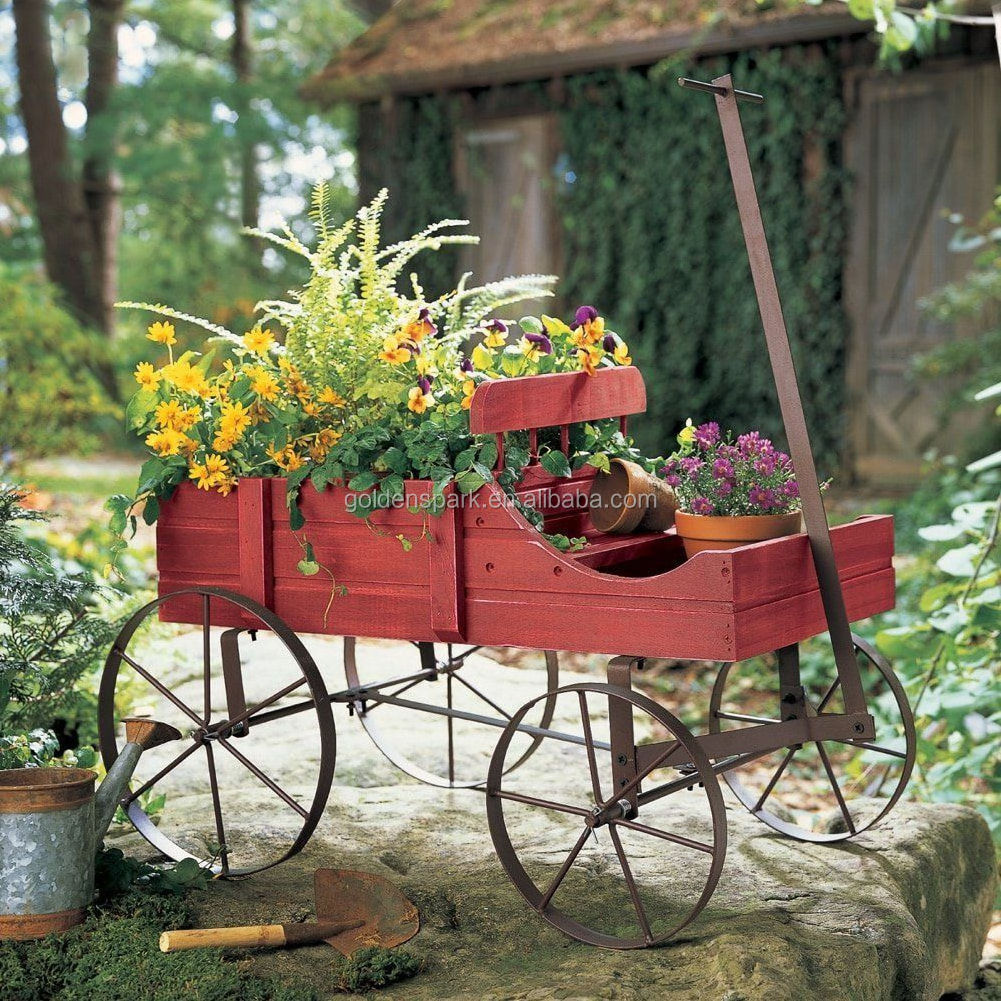 Wood Wagon Wheel Decorative Planter Bed Garden Flower Pot Cart Rustic Outdoor