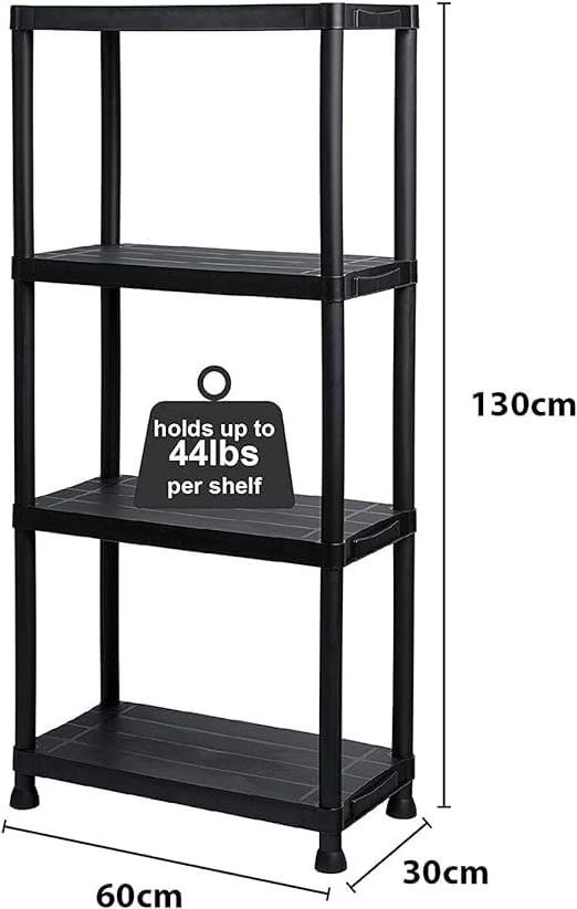 4 Tier Heavy Duty Black Plastic Garage Storage Shelving 60cm Wide Shelves Shed Shelf Unit Home Office Pantry Workshop Racking