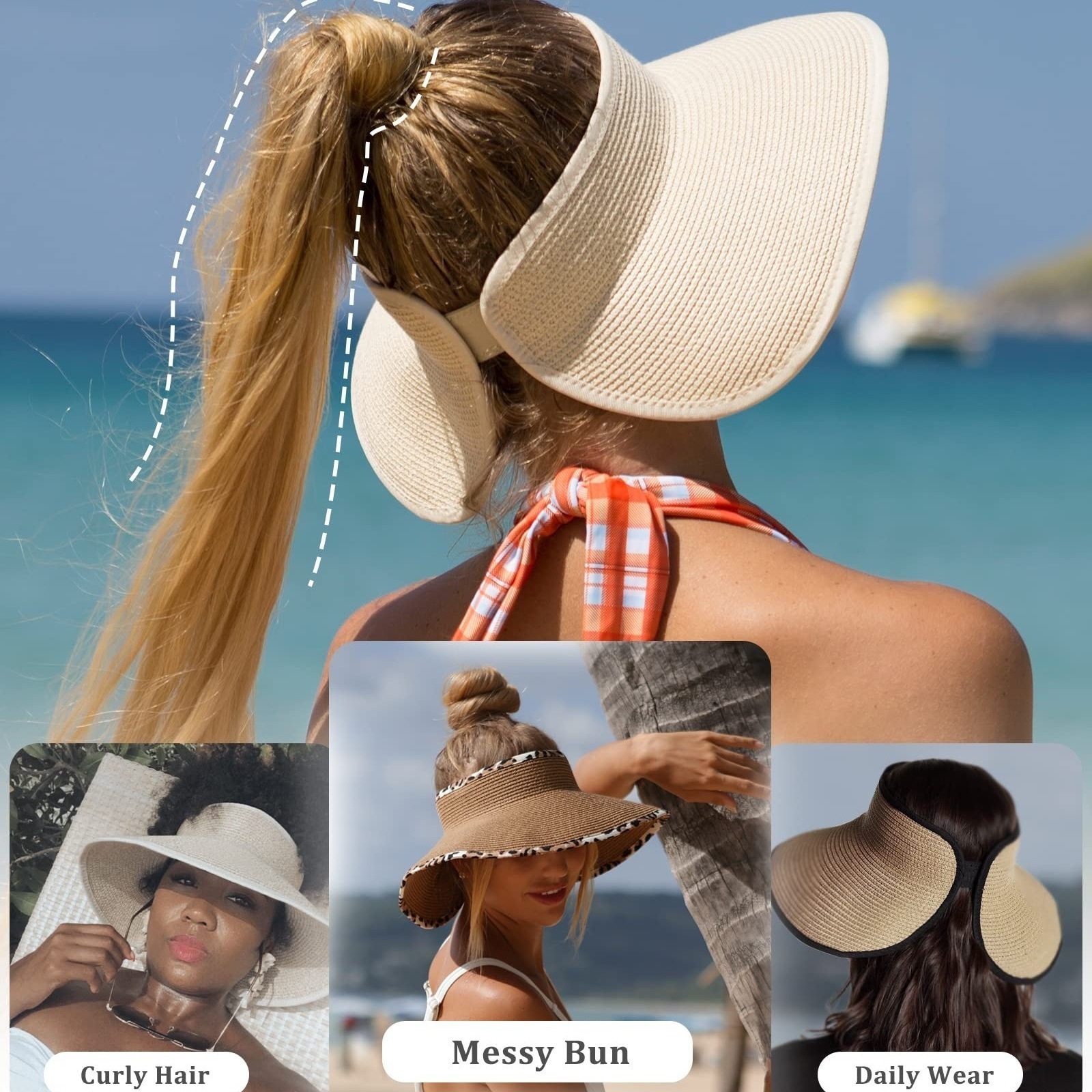 Sun Visor Hats for Women Wide Brim Straw Roll-Up Ponytail Summer Beach Hat empty top UV protection hat Packable Foldable Travel