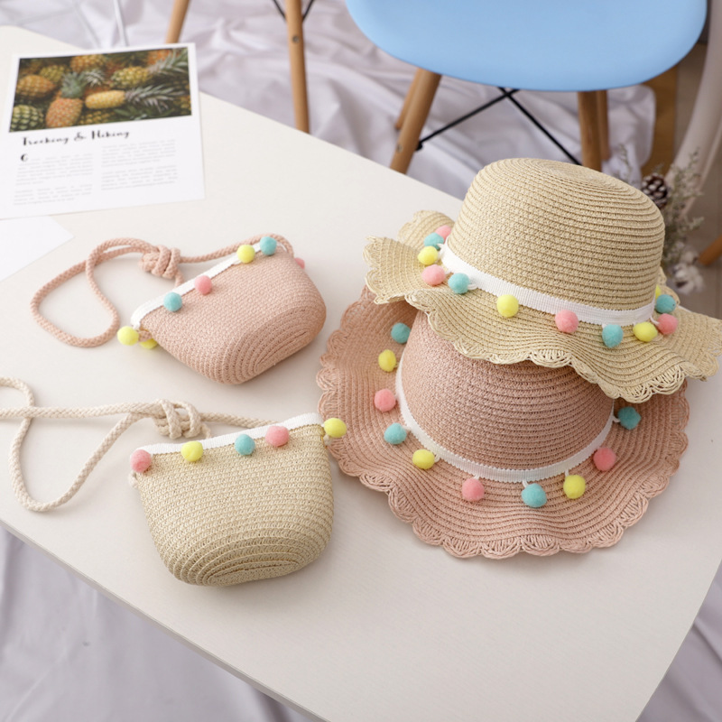 2024 wholesale kids baby children toddler straw hat bags set sun summer beach camping outing vacation girl straw hat