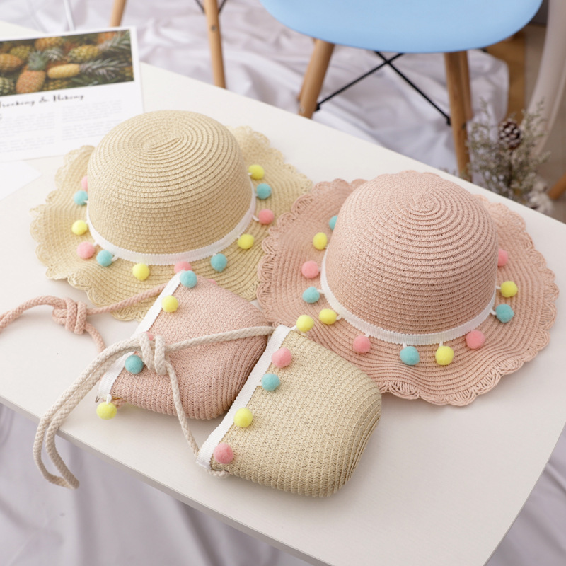 2024 wholesale kids baby children toddler straw hat bags set sun summer beach camping outing vacation girl straw hat