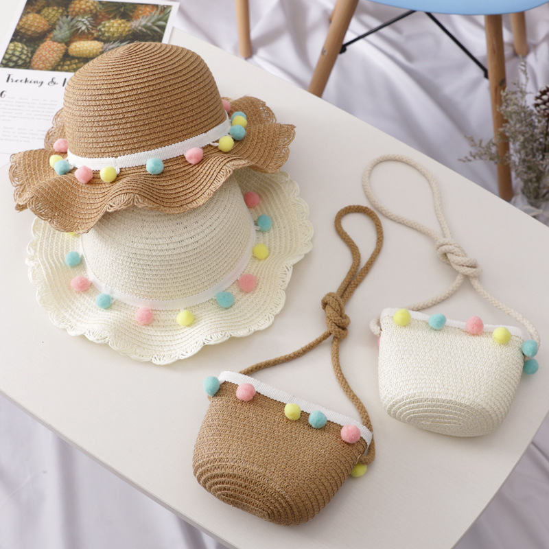 2024 wholesale kids baby children toddler straw hat bags set sun summer beach camping outing vacation girl straw hat