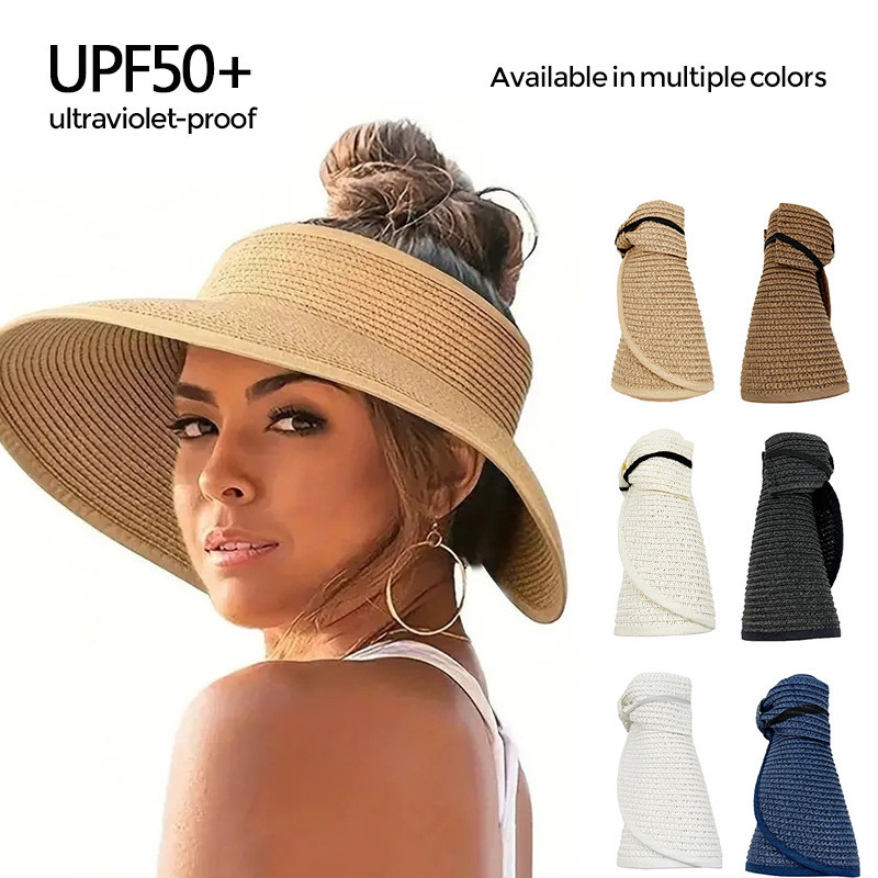 Sun Visor Hats for Women Wide Brim Straw Roll-Up Ponytail Summer Beach Hat empty top UV protection hat Packable Foldable Travel