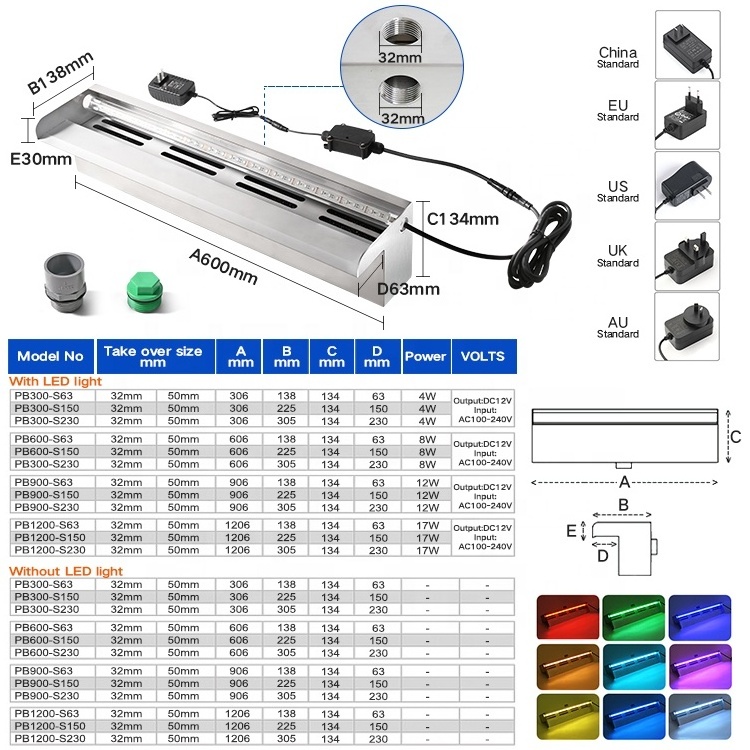 Factory RGB Light Rectangular Pool Water Waterfall Stainless Steel Swimming Pool Cascade Water Blade Led Acrylic Waterfall