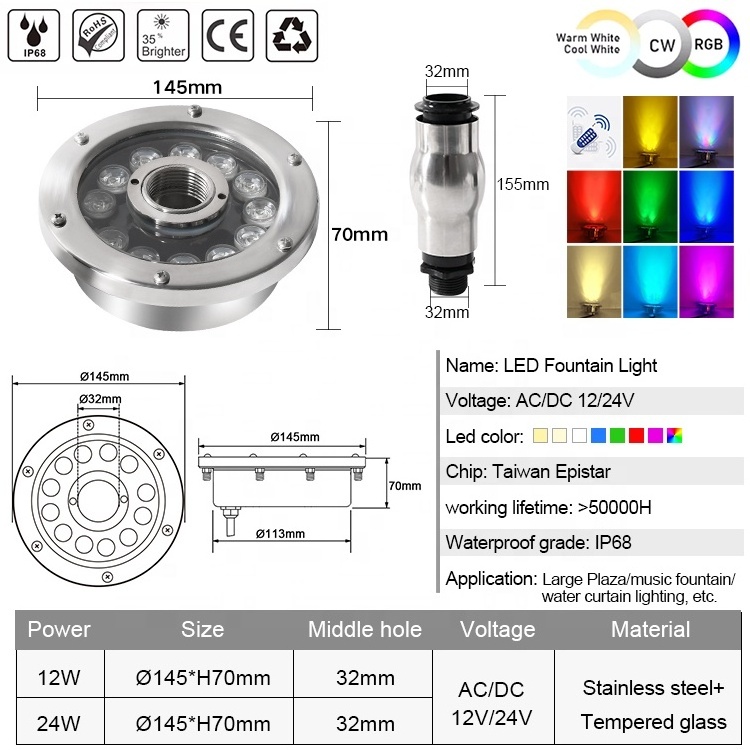 Ip68 Waterproof Dmx Submersible Stainless Steel Led Rgb 12V/24V 12Watt Underwater Fountain Ring Nozzle Light