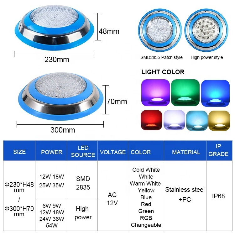 35W Factory Wholesale Waterproof Water Light Fixture 12V Blue Stainless Steel Single Color Led Underwater Pool Lights