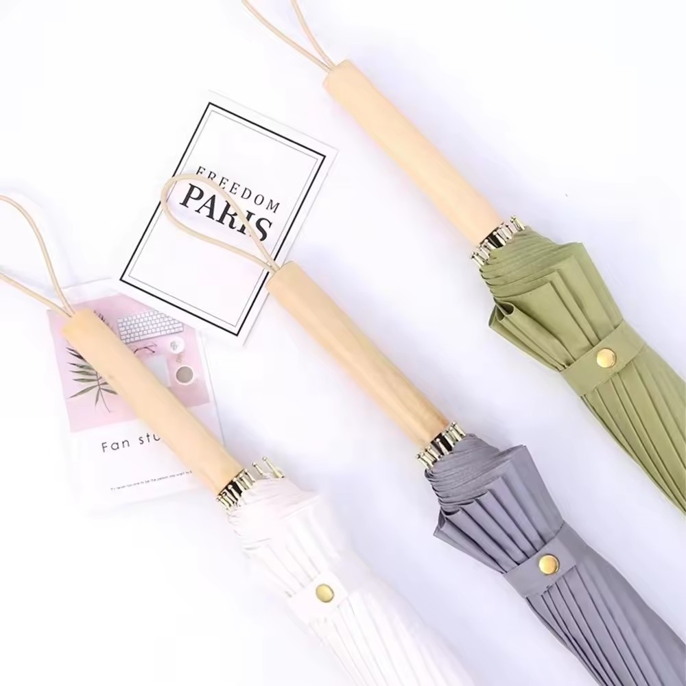 Stock fresh korean style 16 ribs fiberglass straight umbrella with wooden handle