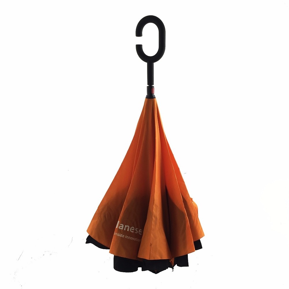 High Quality Windproof Reverse Double Layer upside down inverted umbrella with C-shaped Handle