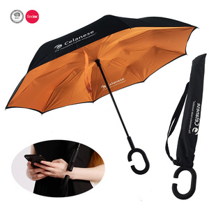 High Quality Windproof Reverse Double Layer upside down inverted umbrella with C-shaped Handle