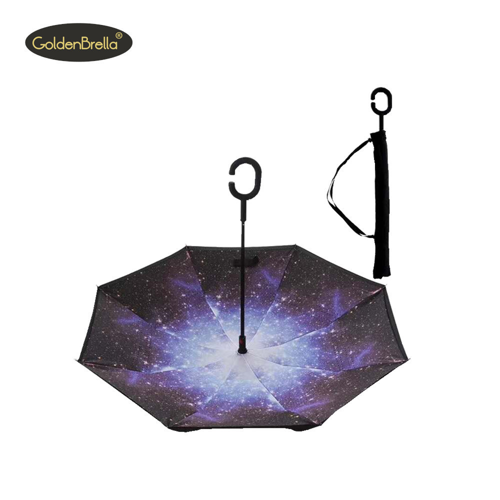 Custom logo double layer inside out  reverse umbrella with C handle