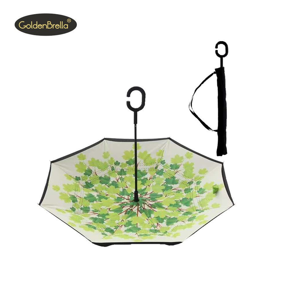 Custom logo double layer inside out  reverse umbrella with C handle