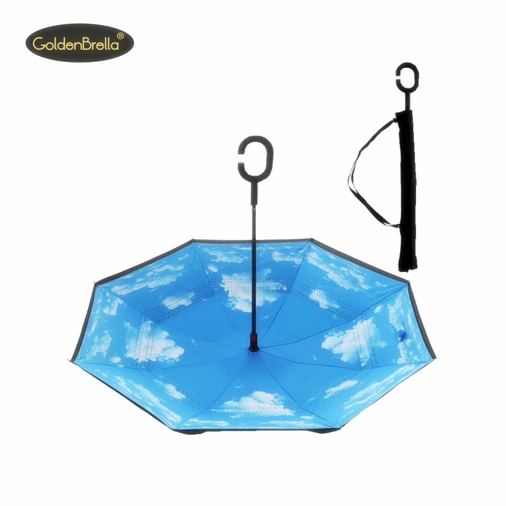 Custom logo double layer inside out  reverse umbrella with C handle