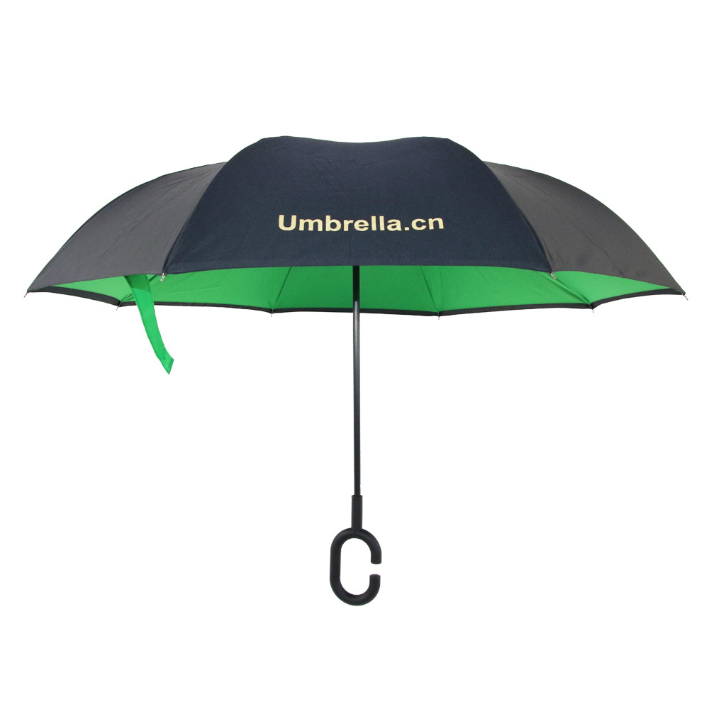 Custom Double Layer Windproof Reverse Umbrella With C-Shaped Handle