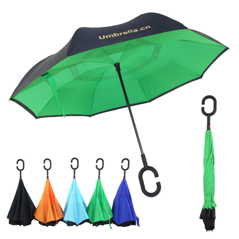 Custom Double Layer Windproof Reverse Umbrella With C-Shaped Handle