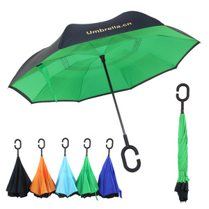 Custom Double Layer Windproof Reverse Umbrella With C-Shaped Handle