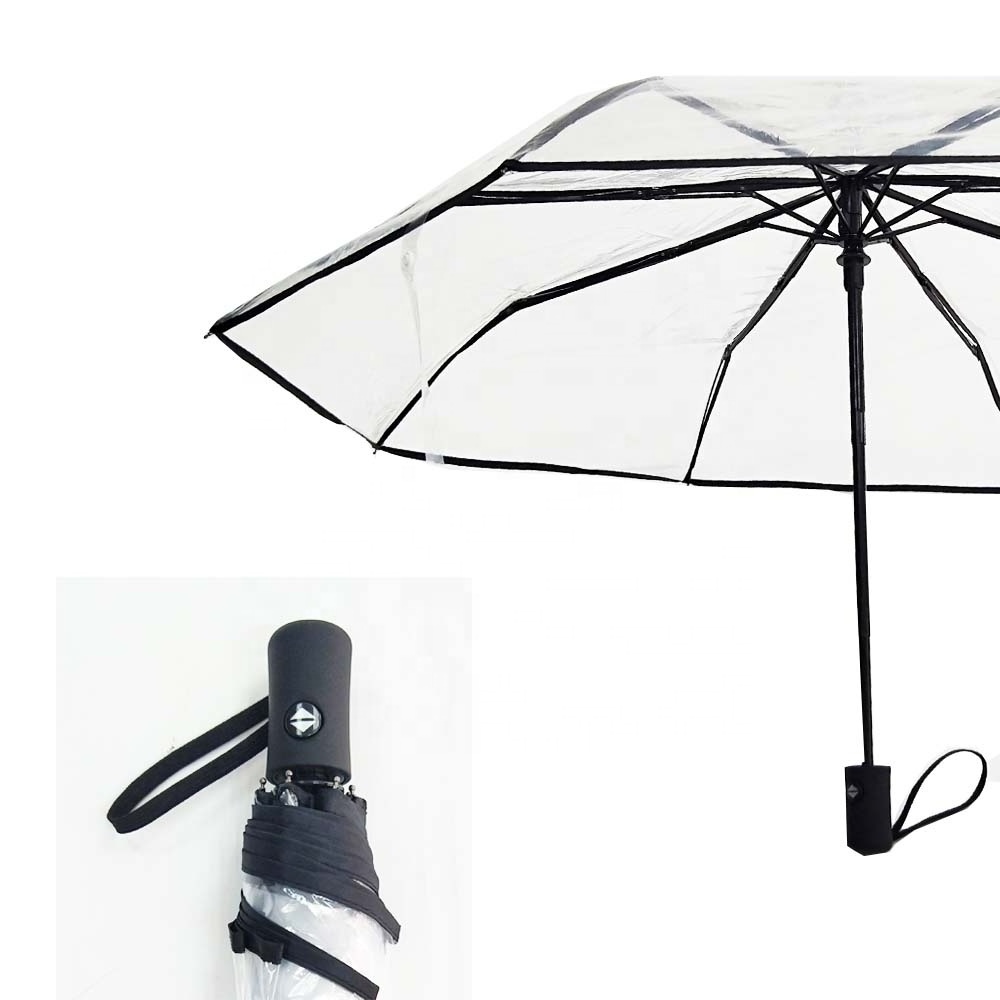 Cheap Custom Logo POE Transparent 3 folding Clear Umbrella