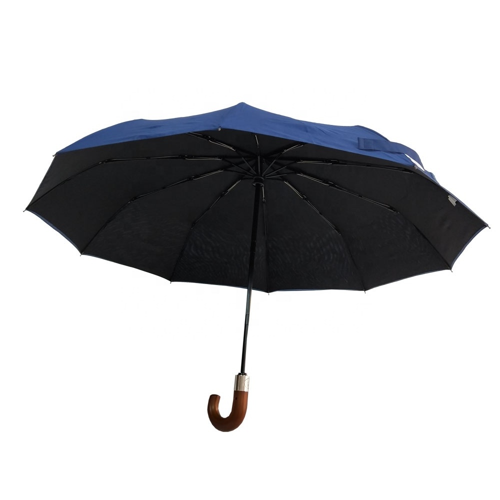 Classic double layer automatic windproof foldable umbrella with wooden handle