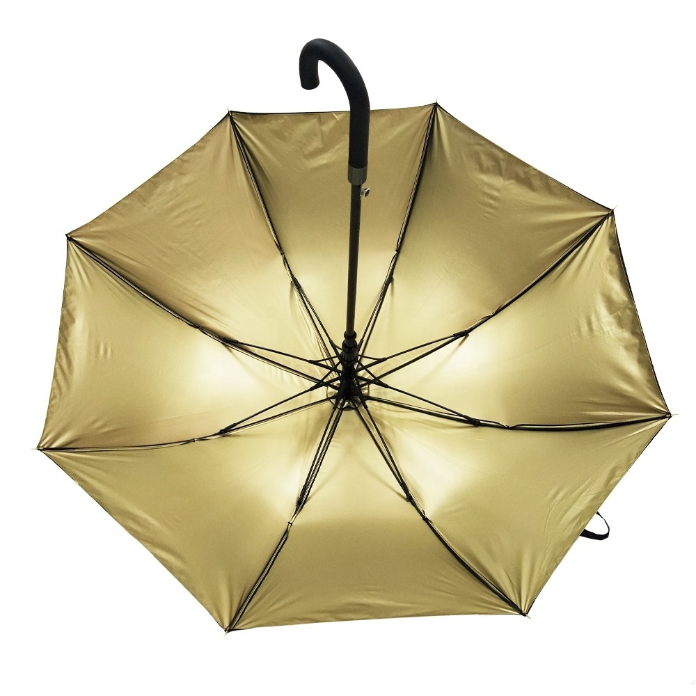 Premium windproof fiberglass  Golden double canopy straight umbrella with crooked handle