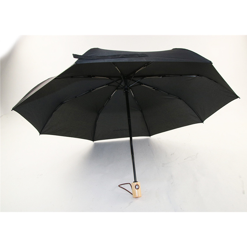 21inch Automatic Umbrella Recycle Polyester Fabric Waterproof 3 folding Umbrella wooden handle black coated metal shaft and ribs