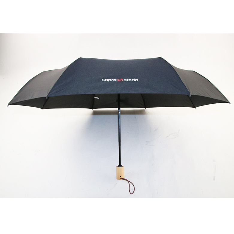 21inch Automatic Umbrella Recycle Polyester Fabric Waterproof 3 folding Umbrella wooden handle black coated metal shaft and ribs