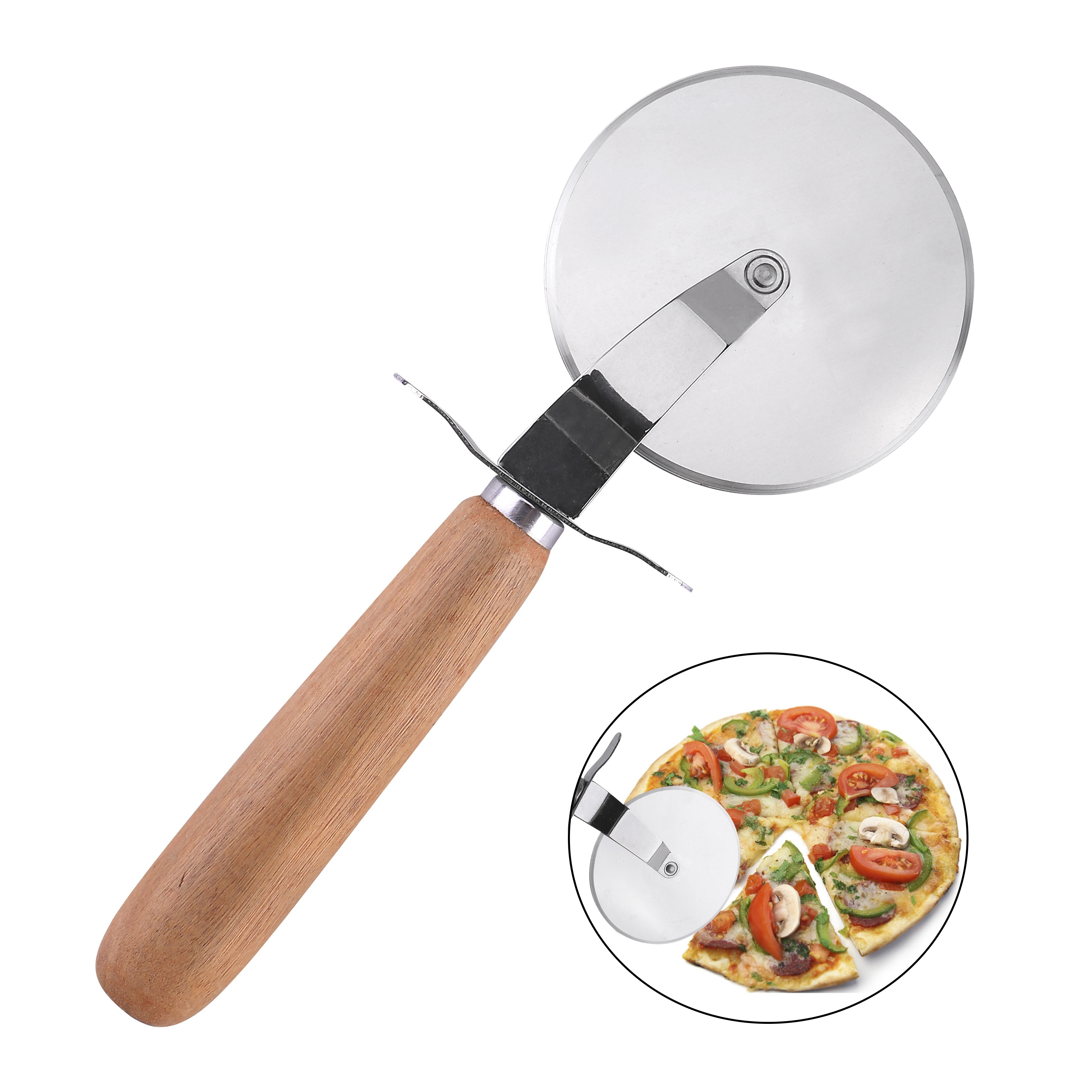 Non Stick Long Wooden Handle Stainless Steel Wood Pizza Cutter