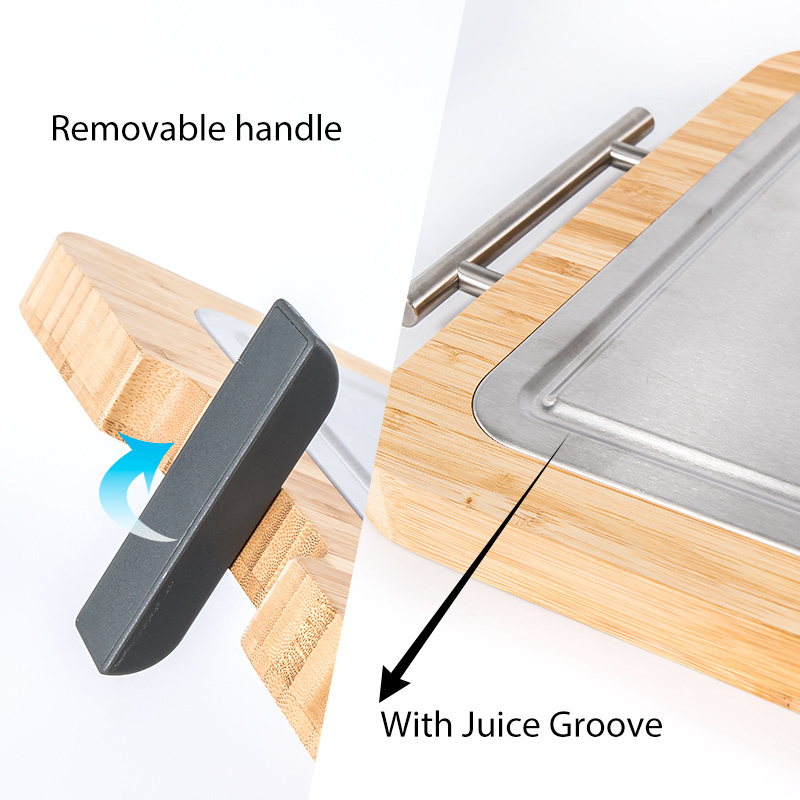 Double Sided Natural Large Bamboo Stainless Steel Cutting Board Chopping Block for Kitchen