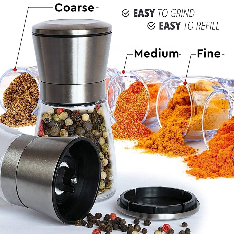 Refillable Round Stainless Steel Glass Spice Salt And Pepper Mill Grinders Bottle Hand Pepper