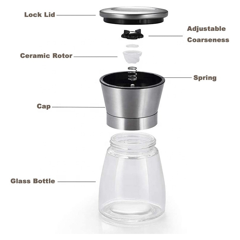 Refillable Round Stainless Steel Glass Spice Salt And Pepper Mill Grinders Bottle Hand Pepper