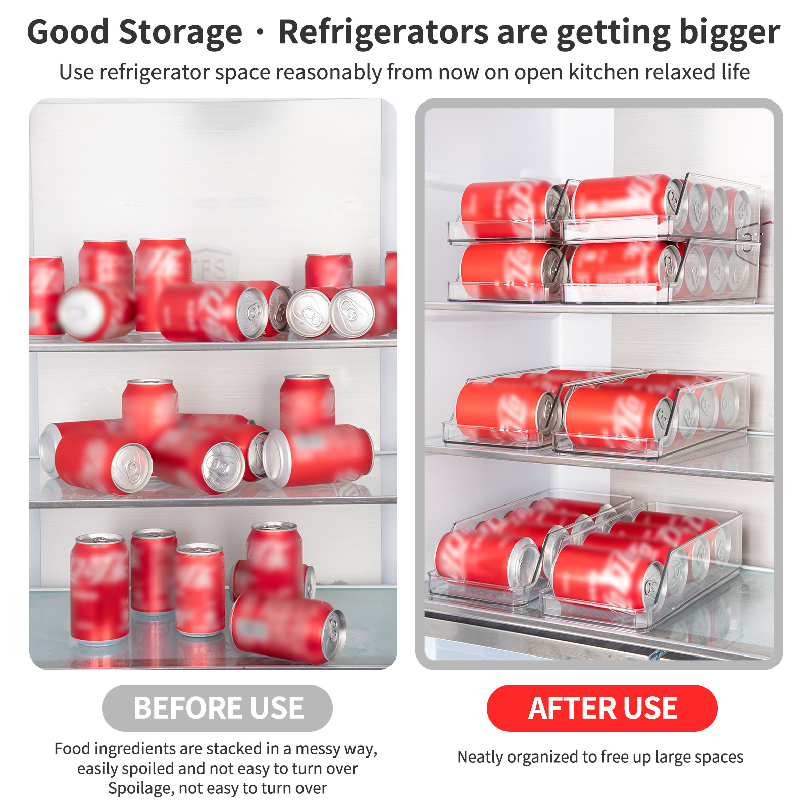 PET Clear Freezer Storage Stackable Soda Can Drink Organizer For Fridge With Handle