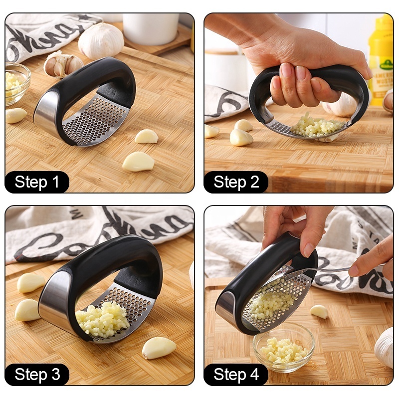 Factory Customized Stainless Steel Garlic Mincer Crusher and Peeler Garlic Press Rocker with Ergonomic Handle