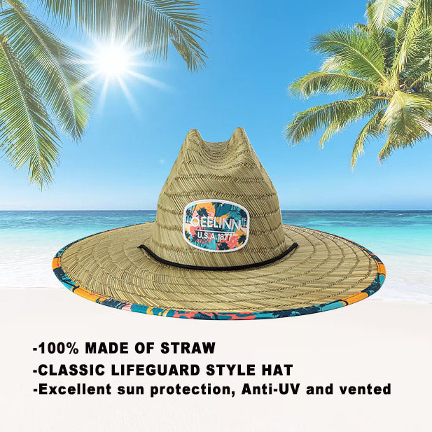 custom bottom print summer unisex wide brim beach hat men sun lifeguard natural straw hats