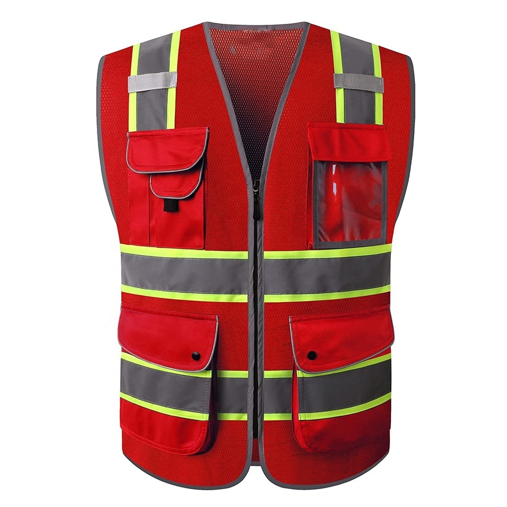 Safety 9 Pockets Hi-Vis Neon Red Zipper Front MESH Safety Vest with Fluorescent Yellow Extend Edge outlining the Reflective Tape