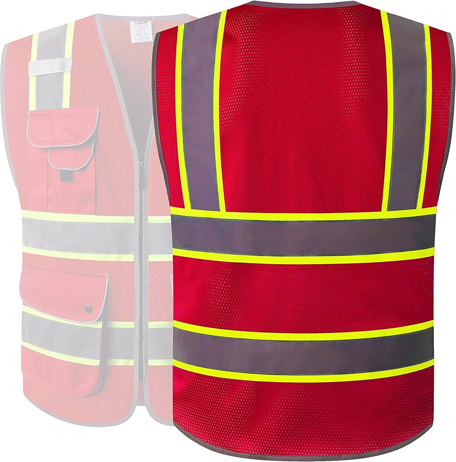 Safety 9 Pockets Hi-Vis Neon Red Zipper Front MESH Safety Vest with Fluorescent Yellow Extend Edge outlining the Reflective Tape