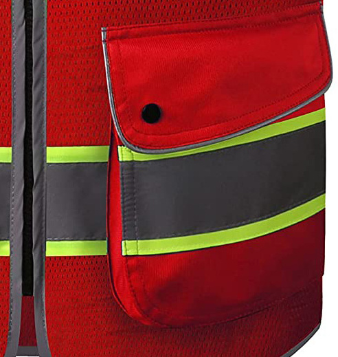 Safety 9 Pockets Hi-Vis Neon Red Zipper Front MESH Safety Vest with Fluorescent Yellow Extend Edge outlining the Reflective Tape