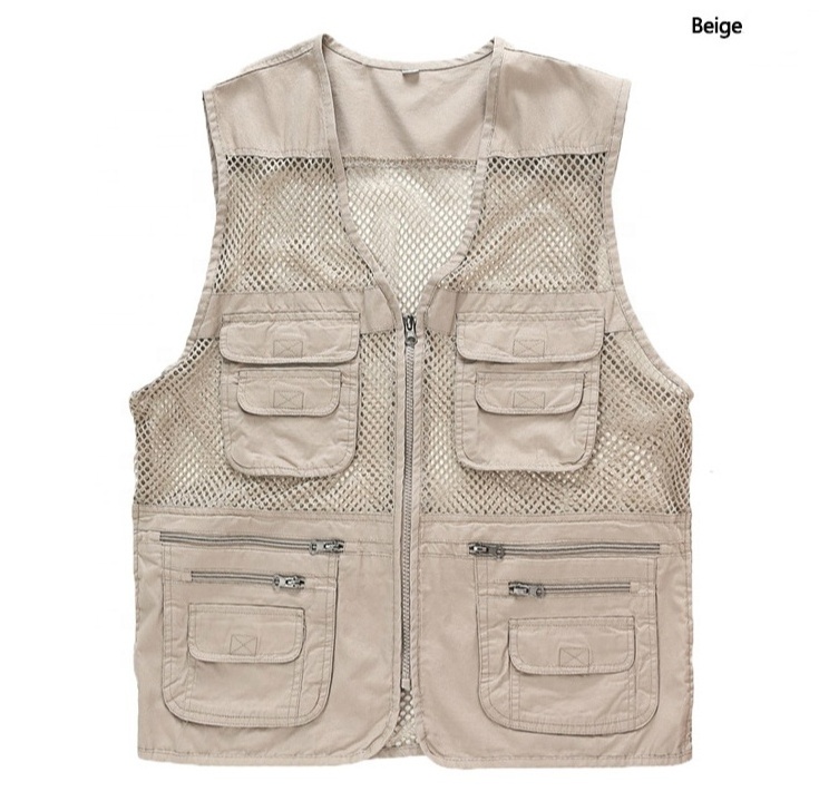 OEM Pakistan manufacturer Men's Multi Pockets Functional Vest Cotton Mesh Vest Men Thin Breathable Cargo Sleeveless Jackets