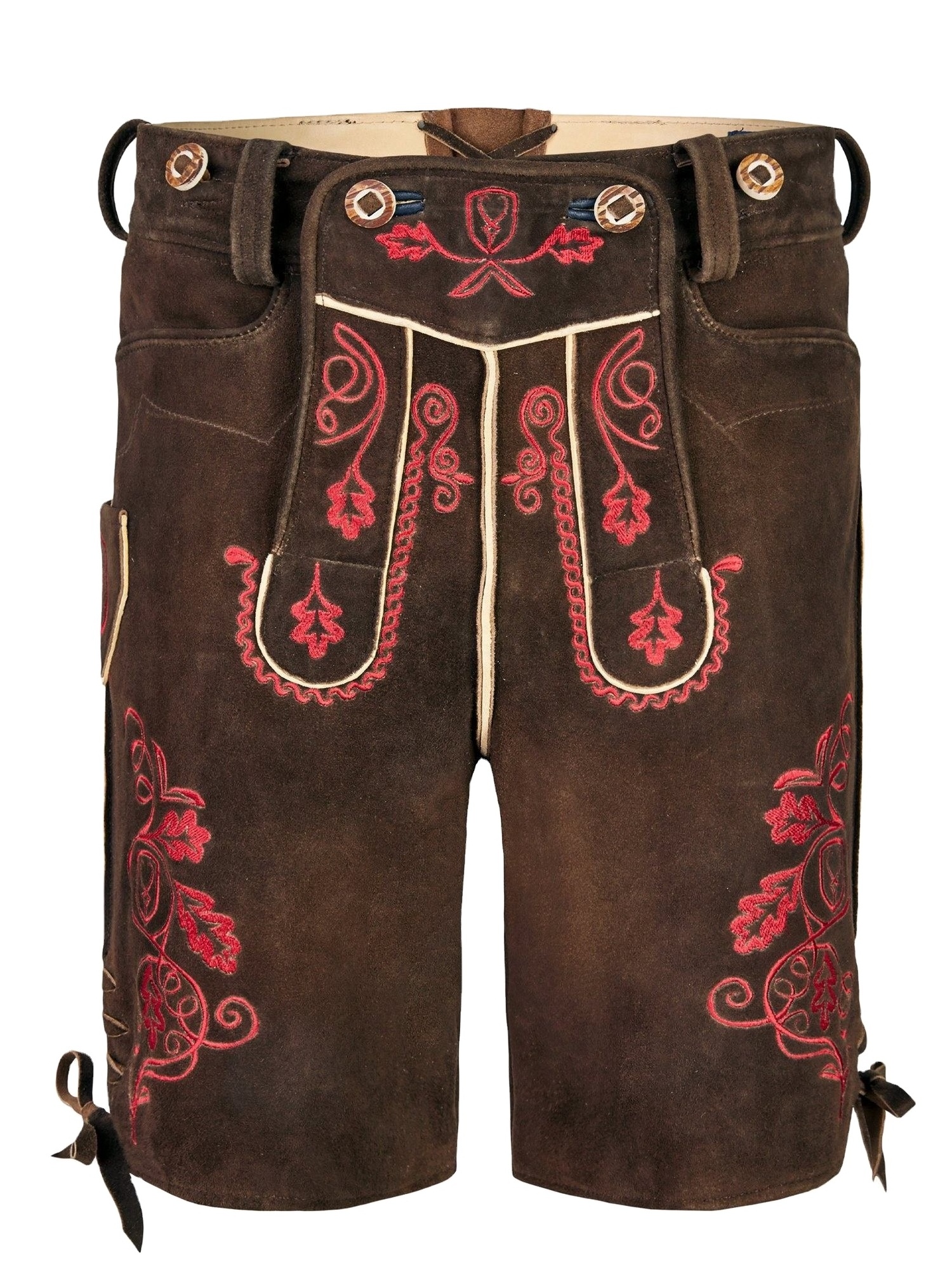 Pink Embroidery Goat Leather Lederhosen Men Embroidered Custom Made Designs Leather Shorts Vintage Attire Men Fashion Lederhose