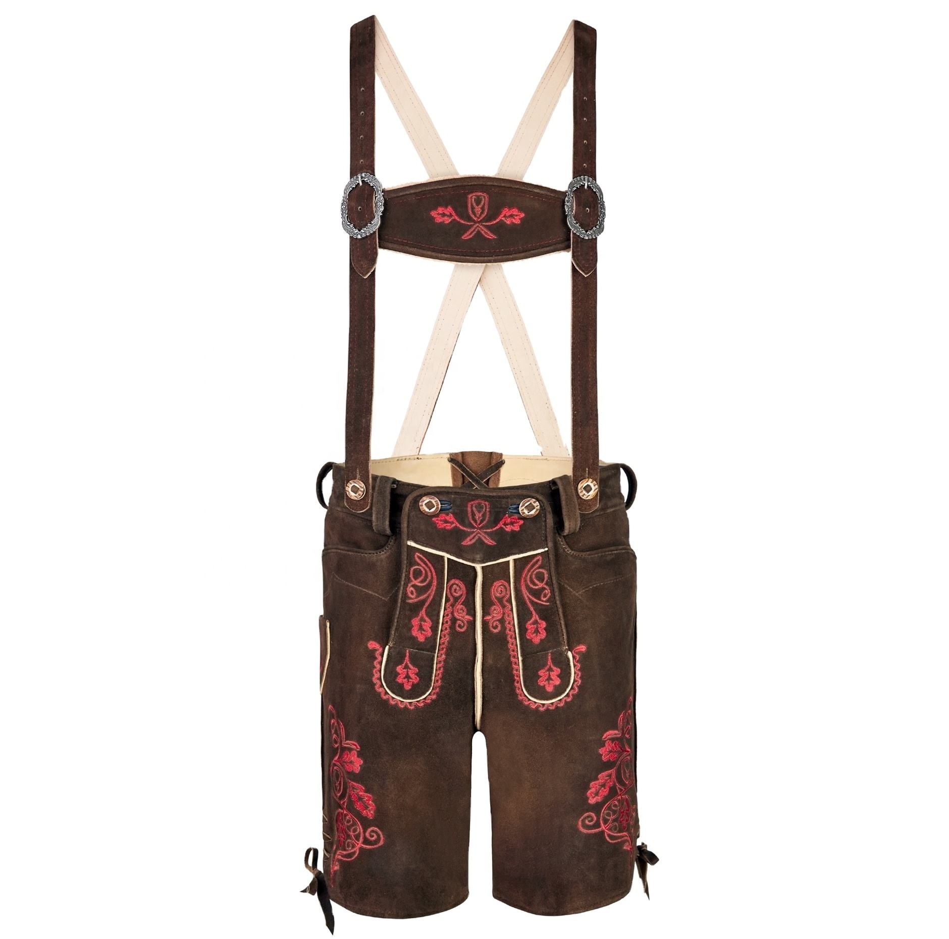 Pink Embroidery Goat Leather Lederhosen Men Embroidered Custom Made Designs Leather Shorts Vintage Attire Men Fashion Lederhose