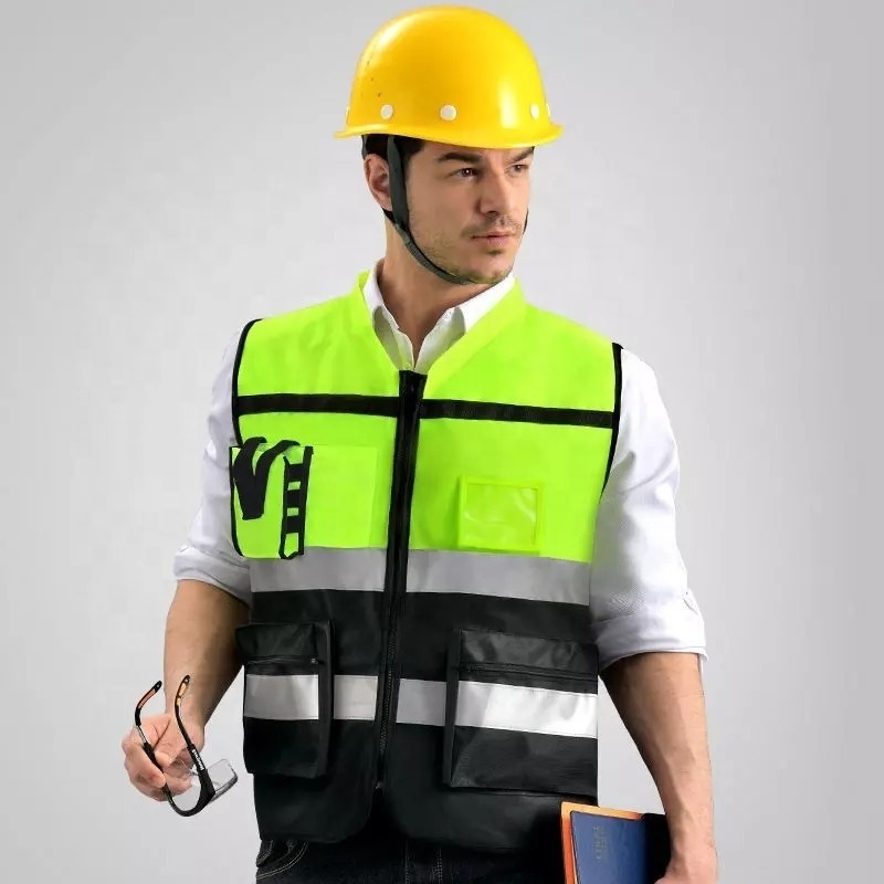 Hi vis reflective fluorescent yellow and black vest size adjustable reflective security safety construction vest for men