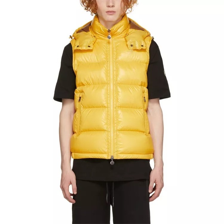 custom yellow nylon Winter multi pocket Gilet Puffer Coat Down Bubble Patchwork Thick puffer shiny vest with hood