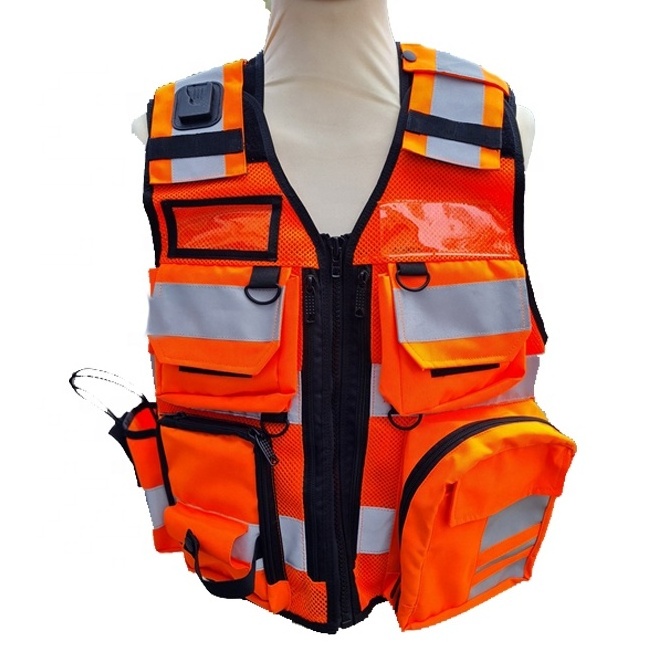 Orange Tactical Vest Security High Visibility Reflective Vest Front Zipper Multifunctional Pockets Safety Hi Viz Tactical Vest