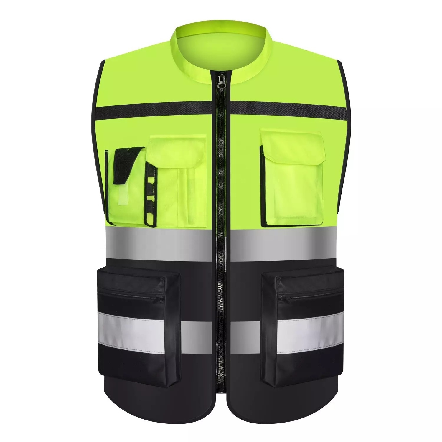 Hi vis reflective fluorescent yellow and black vest size adjustable reflective security safety construction vest for men