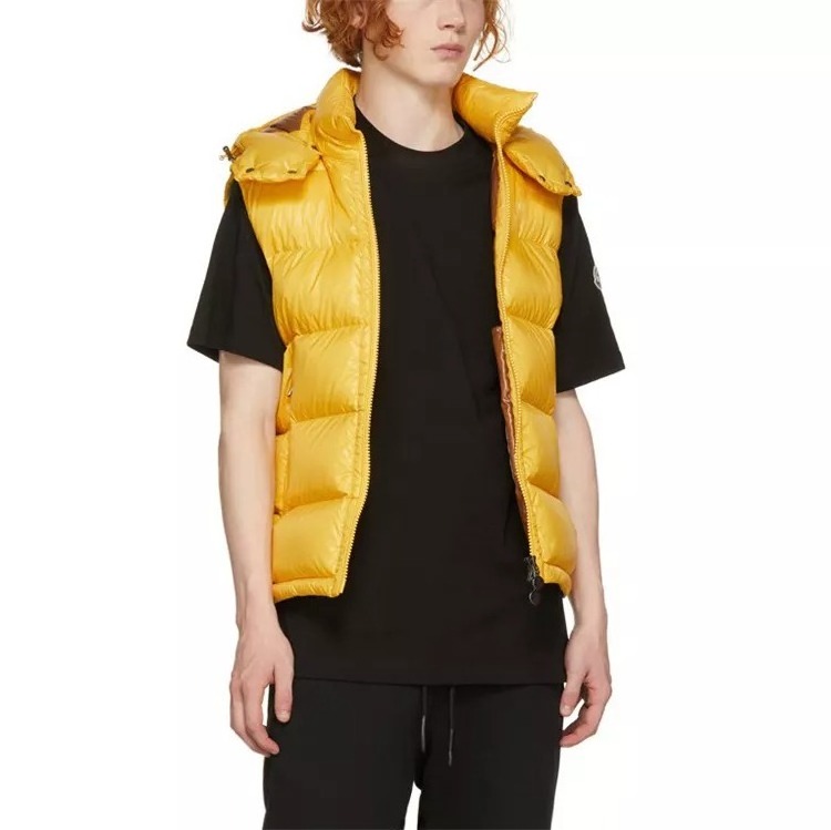 custom yellow nylon Winter multi pocket Gilet Puffer Coat Down Bubble Patchwork Thick puffer shiny vest with hood