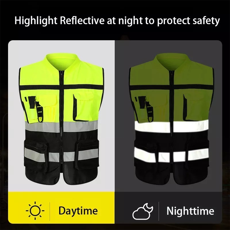 Hi vis reflective fluorescent yellow and black vest size adjustable reflective security safety construction vest for men